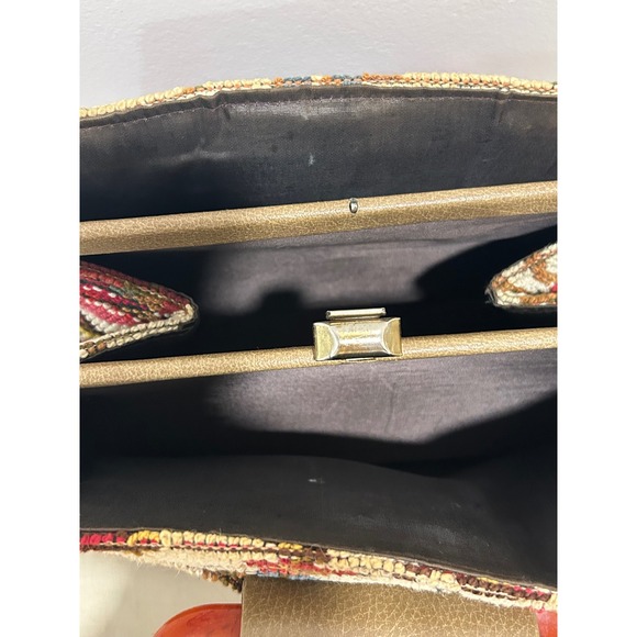 Vintage Tapestry Floral Handbag Amber Lucite Handle Kiss Lock Closure Women - Picture 5 of 11